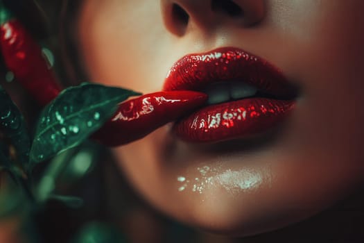 Close up of sensual red lips holding a fresh chili pepper