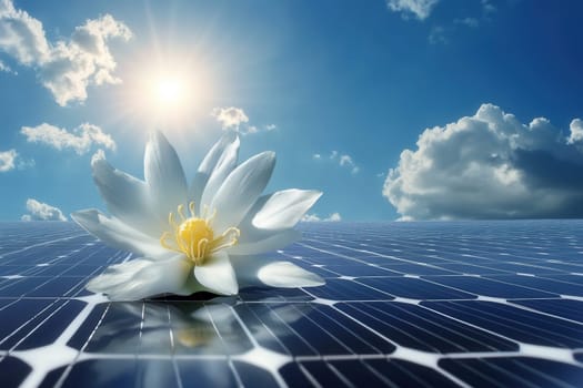 White water lily blooming on photovoltaic panels symbolizing green energy under partially cloudy sky