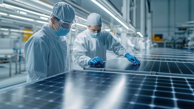 Engineers in protective gear carefully examining solar panels during production in a cleanroom environment