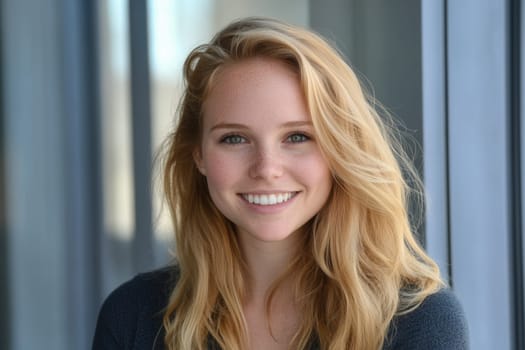 Headshot of cheerful young businesswoman with long blonde hair and freckles, smiling confidently in a modern office setting