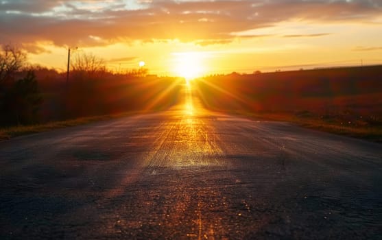 A serene country road is bathed in warm glow of sunrise, with the sun's rays piercing through the morning sky. Dawn light reflects off the asphalt, creating a path of light leading to new beginnings