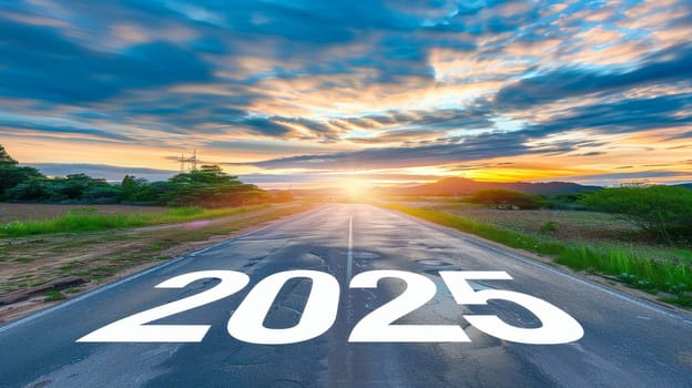 The year 2025 is painted on a rural road, glowing under a dramatic sunrise. The sky, streaked with clouds, holds the promise of new opportunities as the sun emerges on the horizon