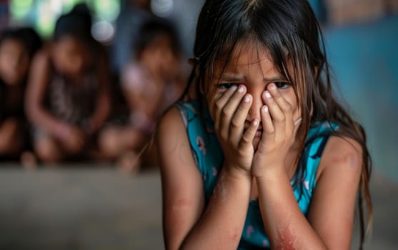 A young girl covers her face, eyes peeking through fingers in a moment of fear or shyness, with blurred figures in the background