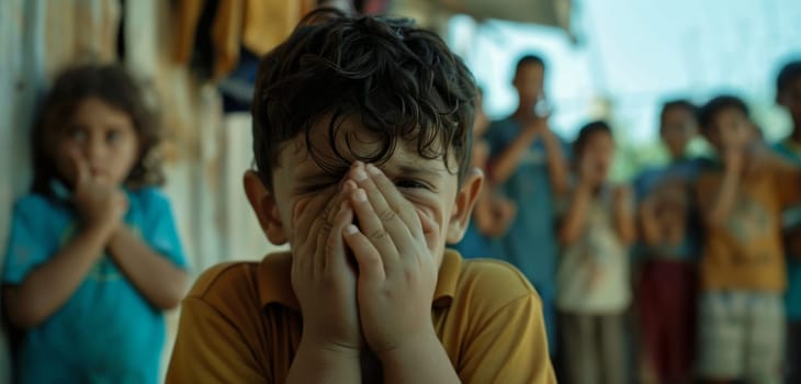 A child with hand over eyes stands in a room filled with other children, a scene of innocent expectation and shared excitement