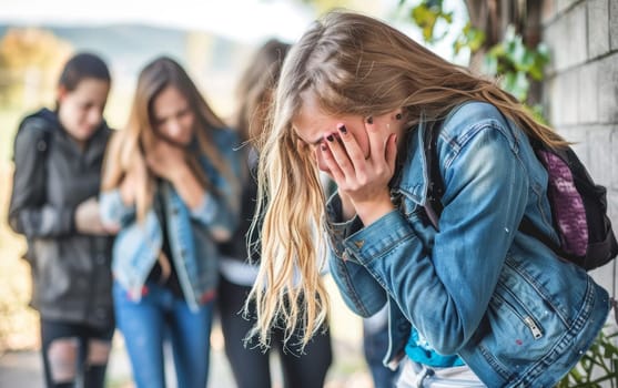 A teenage girl is visibly distraught, her hands covering her face as she stands alone. The indifference of her peers in the background underscores her isolation