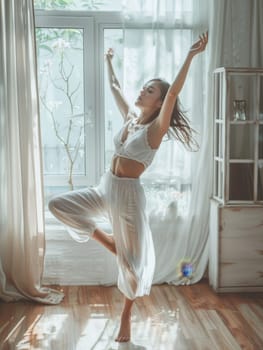 A joyful dancer is captured mid-twirl, bathed in the soft light streaming through sheer curtains. Her exuberance is palpable in the light-filled room, celebrating life and movement
