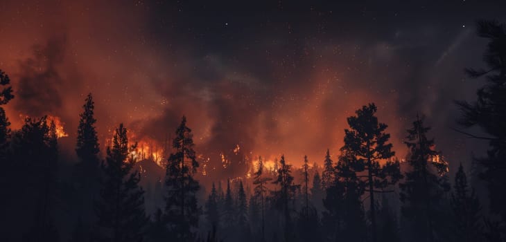 A mystical image of a forest under the spell of a raging fire, with a smoky night sky telling a tale of natural force and beauty