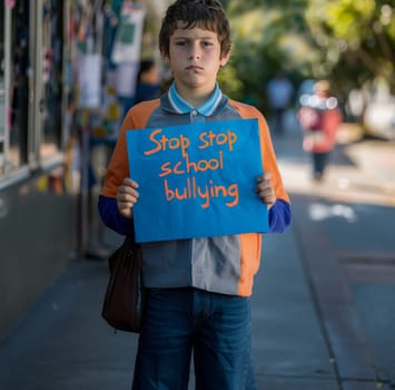 A somber boy on a busy street holds a sign boldly declaring a stop to school bullying. His eyes reflect the sincerity of his plea
