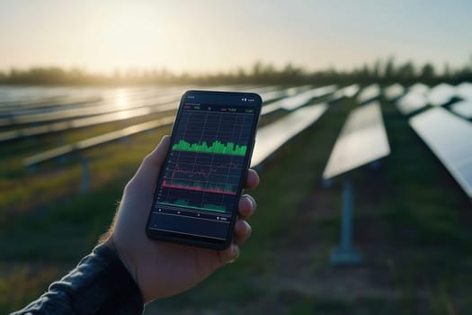 Engineer holding smartphone showing statistics about solar panels production at sunset