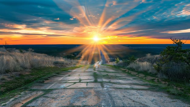 The first light of dawn illuminates a rugged country path, leading through undulating hills toward the awakening horizon. The sky tapestry of colors offers a silent yet powerful inspiration