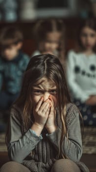A young girl sits alone, her hands covering her mouth, as she stares ahead with a contemplative look among a blurred group of children. Her solitude is poignant amidst the surrounding activity