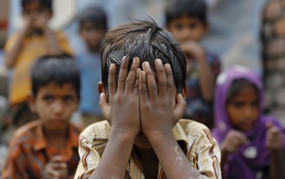 A child covers his face with his hands, surrounded by other children in a vibrant street scene. The game of hide and seek brings joy and unity among friends