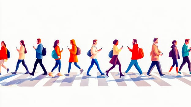 People are walking on a crosswalk looking at their smartphones, representing the concept of smartphone addiction and the risks of distraction while walking in the city