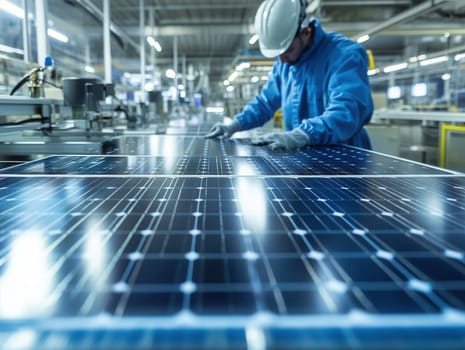 Technician working on photovoltaic cell production line in manufacturing factory