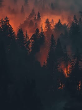 A smoky blaze engulfs a forest at twilight, with the red glow casting an eerie light through the dense trees. The scene is a stark depiction of wildfire's impact