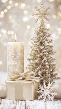 Golden christmas ornaments creating a festive winter scene with warm bokeh lights in the background