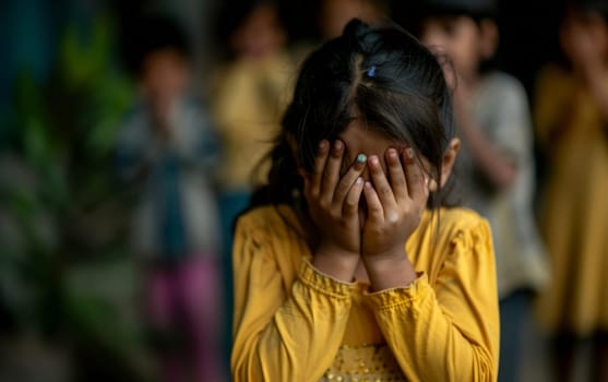 A child in a yellow top covers her eyes with her hands, standing out in a blur of movement around her. The image captures a fleeting moment of childhood emotion