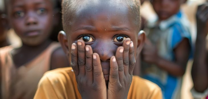 A young African child covers his face with his hands, with a group of peers in soft focus behind him. The child's eyes tell a story of innocence and resilience