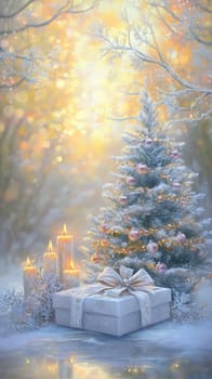 Decorated christmas tree with gift box and candles creating a magical winter wonderland atmosphere