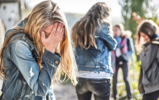 A young girl stands with her head down, overcome by emotion, as her peers stand talking behind her, highlighting the loneliness that bullying can induce. The isolating effects of being ostracized