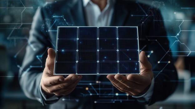 Businessman presenting a solar panel, symbolizing investment in renewable energy, sustainable development, and green technology for a brighter future