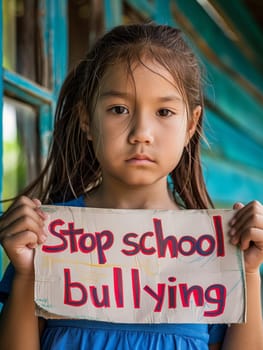 A child with a contemplative gaze holds a 'Stop school bullying' sign, her call for kindness resonates in her school's hallway