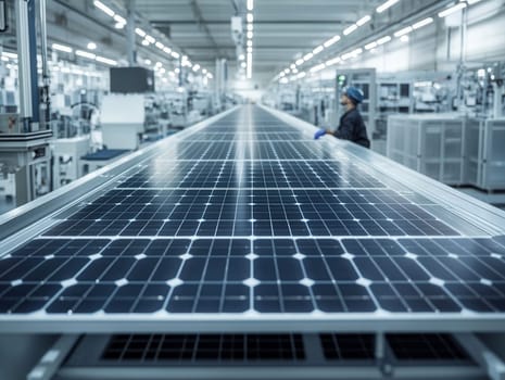 Solar panel moving along assembly line with technician inspecting production in modern factory