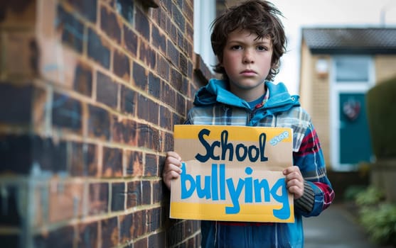 A determined young boy stands by a brick wall holding a sign that speaks out against school bullying. His stance shows commitment to the cause