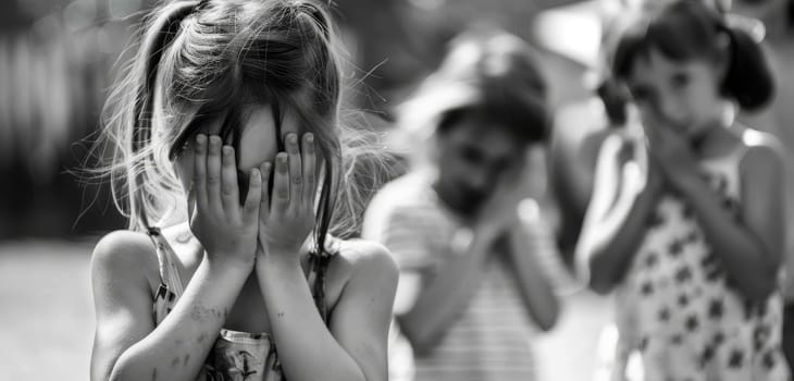 A black and white image of a young girl covering her face, isolated even in the midst of other children, evokes a poignant sense of loneliness