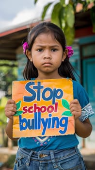 A young girl with a serious expression holds a vibrant 'Stop school bullying' sign, her commitment to the cause evident in her stance