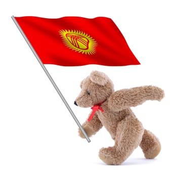 A Kyrgyzstan flag being carried by a cute teddy bear