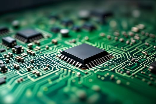 A detailed close-up of a green electronic circuit board featuring a central black microchip, intricate connections, and modern technology. A symbol of innovation, hardware, and digital systems.