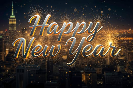 Shiny Happy New Year text with golden fireworks over a city skyline at night. Festive celebration, holiday theme, and New Year Eve concept for greetings and events