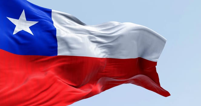Close-up of Chile national flag waving. The Chilean flag is red and white with a blue square and white 5-pointed star on the white band. 3d illustration render. Fluttering fabric