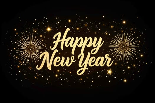 Golden Happy New Year text with bright fireworks, glittering stars, and festive sparkles on a black background. Perfect for holiday celebrations, greeting cards, and New Year Eve designs