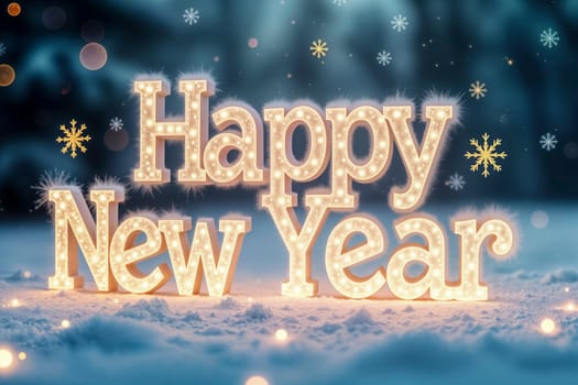 A glowing Happy New Year sign set in a snowy winter landscape with sparkling snowflakes and a magical atmosphere. Holiday celebrations, greeting cards, banners, or festive New Year designs