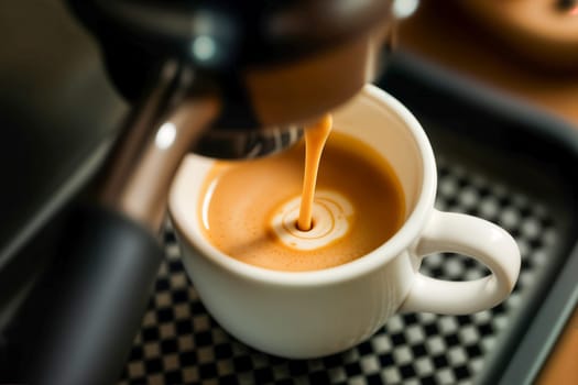 Close-up of creamy espresso coffee pouring into a white ceramic cup with swirling crema. Warm tones, rich texture, and aroma evoke freshness and a perfect morning coffee moment