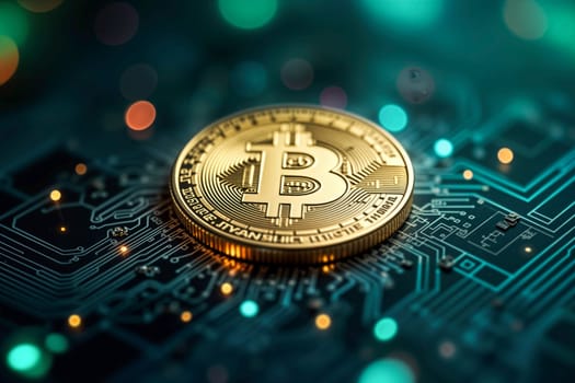 Close-up of a golden Bitcoin coin resting on a glowing digital blockchain circuit board. Cryptocurrency, technology, finance, and virtual money in a futuristic and secure digital environment