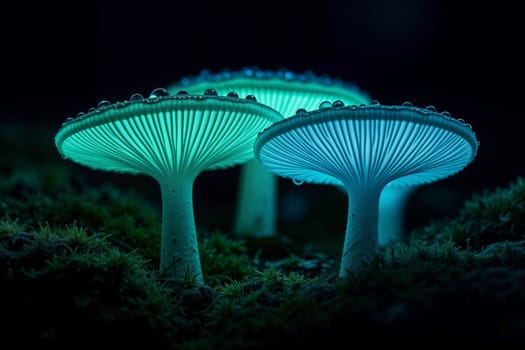 Magical glowing mushrooms emitting a soft blue and green light, covered with water droplets in a dark forest environment. A surreal and bioluminescent nature scene