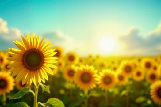 Close-up of a bright yellow sunflower in a vibrant field at sunrise, with green leaves, soft clouds, and warm sunlight. A serene and beautiful rural landscape evoking nature beauty.