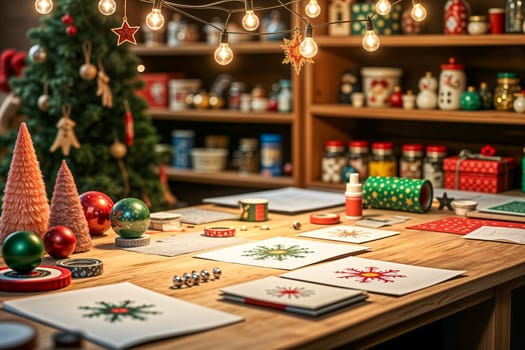 A cozy and festive Christmas workspace featuring a wooden table filled with handmade holiday crafts, colorful cards, ribbons, ornaments, glowing lights, and seasonal decorations. Winter celebrations