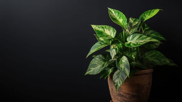 Green tropical indoor plant in brown ceramic pot. Decorative houseplant isolated on black background with copy space.