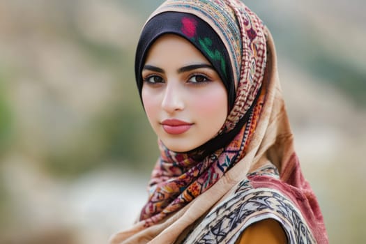 Beautiful young Syrian woman wearing colourful hijab. Arabic Muslim lady in traditional clothes.