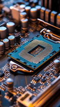 Microchip on motherboard. Electronic circuit board close-up. Advanced technology CPU processor for modern computers.