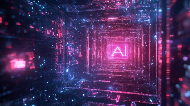 AI letters in cyberspace. Virtual reality, programming and information technology of the future. Artificial intelligence, digital code data and cybersecurity.