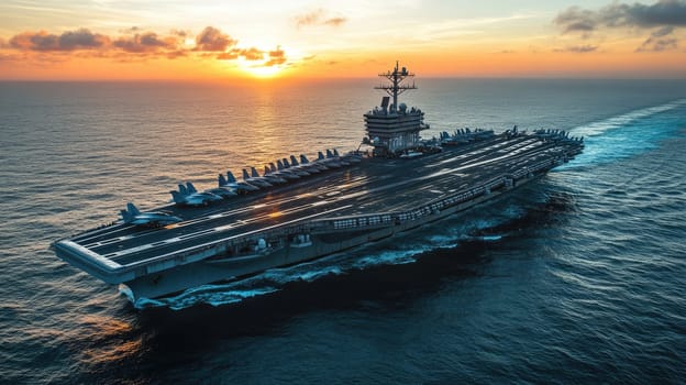 Aircraft carrier on the sea. Military warship with beautiful sunset at the background.