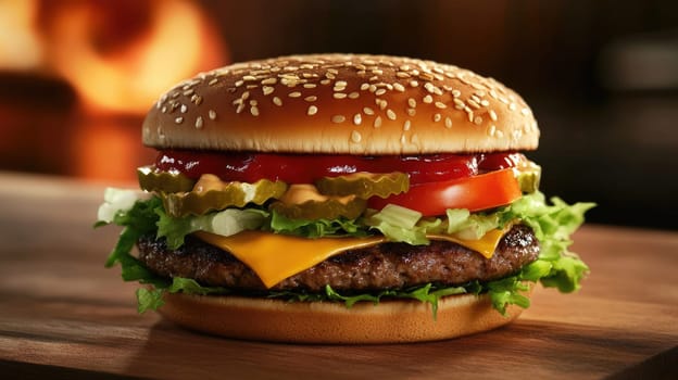 Cheeseburger with fresh lettuce, tomatoes, pickles and melted cheese on the table, gourmet fast food, restaurant menu.