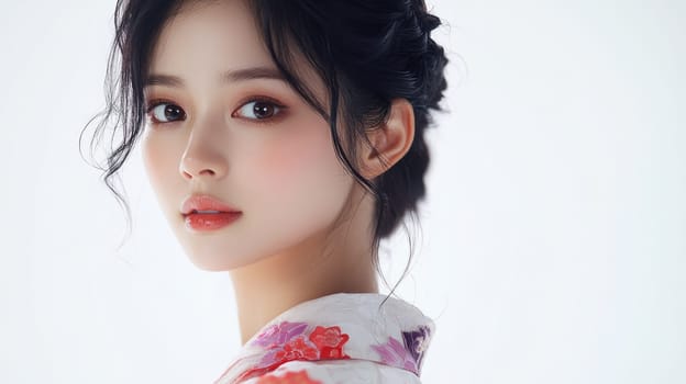 Studio portrait of a young beautiful Asian woman wearing traditional dress with floral ornament on white background with copy space.