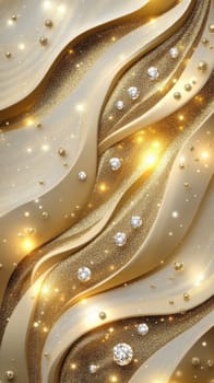 Luxury golden wavy vertical background design with gems. Texture with smooth flowing patterns and light shiny effect.