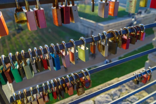 love padlocks on the city wall of the Petersberg citadel in erfurt, germany